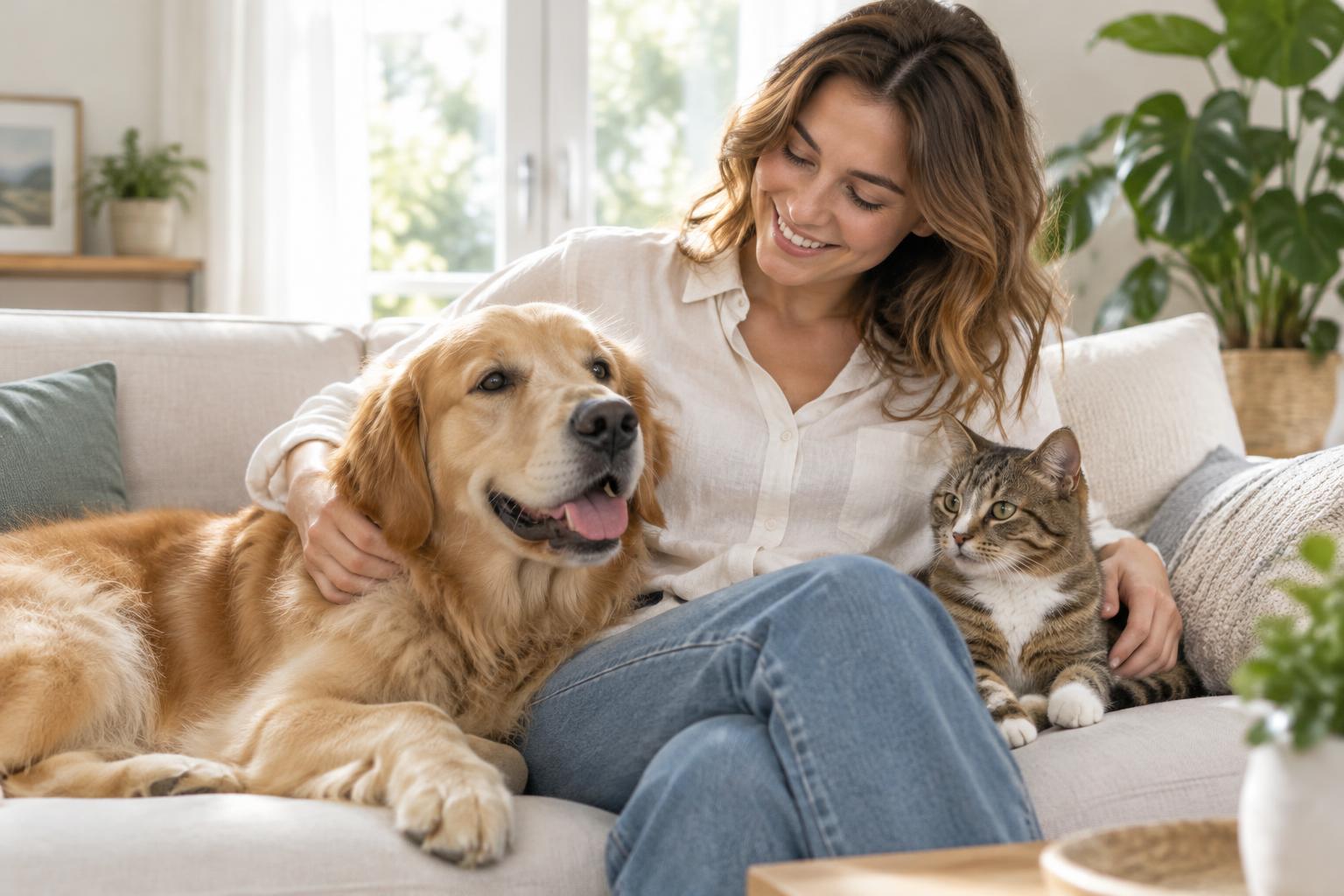 Tutora compartilhando um momento de carinho com seu cão e seu gato
